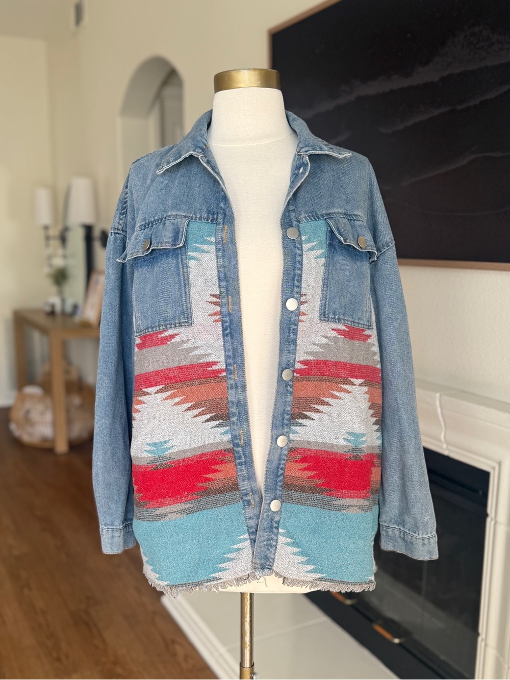 Western Southwestern Aztec Denim Shacket Frayed Hem Jacket  Sz L